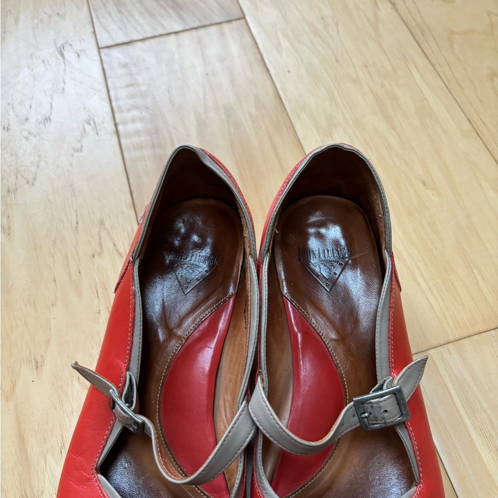 John Fluevog Orange Mary Jane Flats with Cream Strap and Trim - Picture 12 of 13
